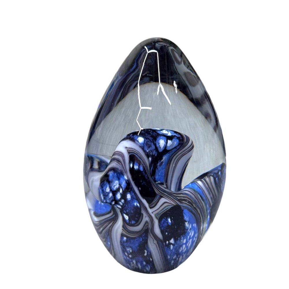 Large 5" Hand Blown Glass Teardrop Egg Paperweight Swirled Blue & White Design